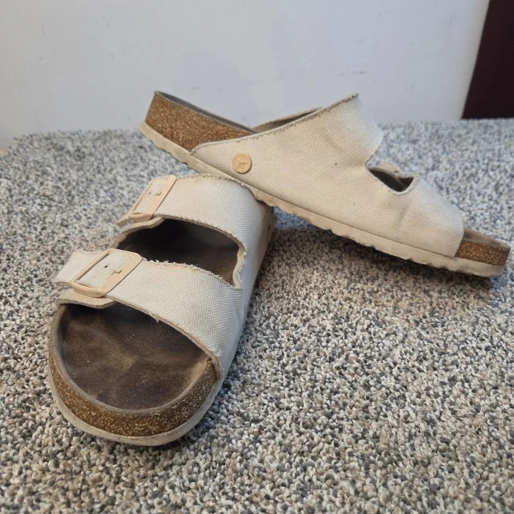 Birkenstock‎ Arizona Canvas Sandals Cream Off White Two Strap Slides Mens 9 L11